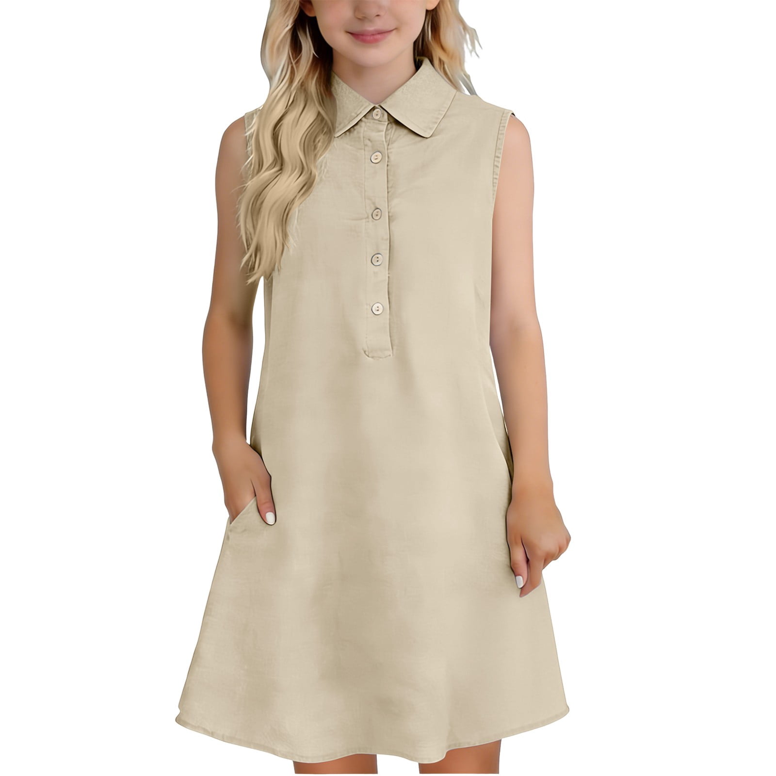 cotton vest dress CPNG Girls Linen Summer Stylish Solid Color Sleeveless Lapel Button Elegant Cozy Casual A Line Dress with Pocket(Beige,12-13 Years) Simple Mother of the Collection:Lace&Leopard Dress Length Color:Sequin Dark Blue Costume