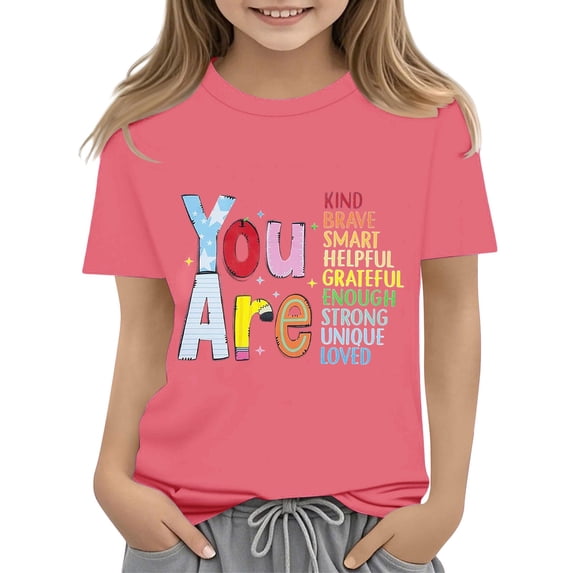 CPNG Girls Cotton T Shirt Crewneck Short Sleeve T Shirt Kids Summer Tee Tops with Colorful Positive Inspirational Letter Print