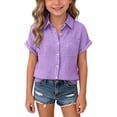 thumbnail image 1 of CPNG Girls Daily Casual Lapel Shirt Solid Color Short Sleeve Comfortable Breathable Loose Lapel Buttoned Shirts(Light Violet,13-14 Years), 1 of 5