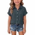 thumbnail image 1 of CPNG Girls Daily Casual Lapel Shirt Solid Color Short Sleeve Comfortable Breathable Loose Lapel Buttoned Shirts(Navy,9-10 Years), 1 of 5