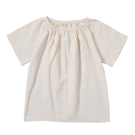 CPNG Girls Daily Casual Pullover Solid Color Cotton Linen Crewneck Short Sleeve Comfortable Breathable Loose Shirts(Beige,5-6 Years)