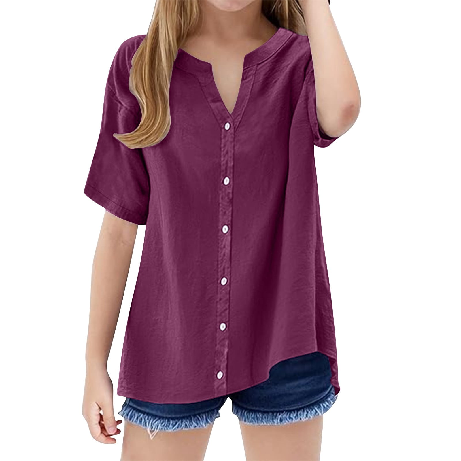CPNG Girls Daily Casual Stand Up Collar Shirt Solid Color Short Sleeve ...