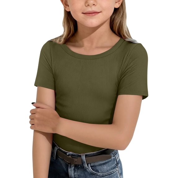 CPNG Girls Daily Ribbed Knit T Shirt Comfortable Stylish Solid Color Summer Casual Crewneck Short Sleeves T Shirt(Army Green,13-14 Years)