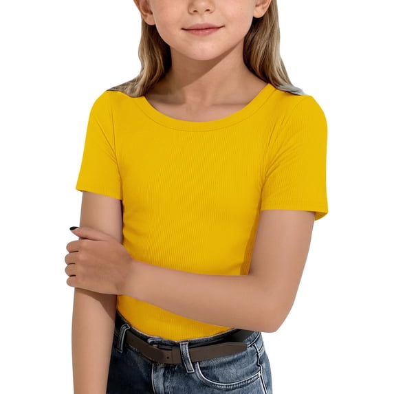 CPNG Girls Daily Ribbed Knit T Shirt Comfortable Stylish Solid Color Summer Casual Crewneck Short Sleeves T Shirt(Yellow,11-12 Years)