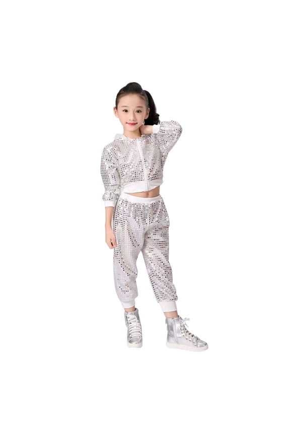 Girls Dance Outfits Cropped Sequin Jacket Pants 2Pcs Set, Kids Hip Hop Dance Costumes Cheerleading Group Sports Suits(White,18-24 Months)