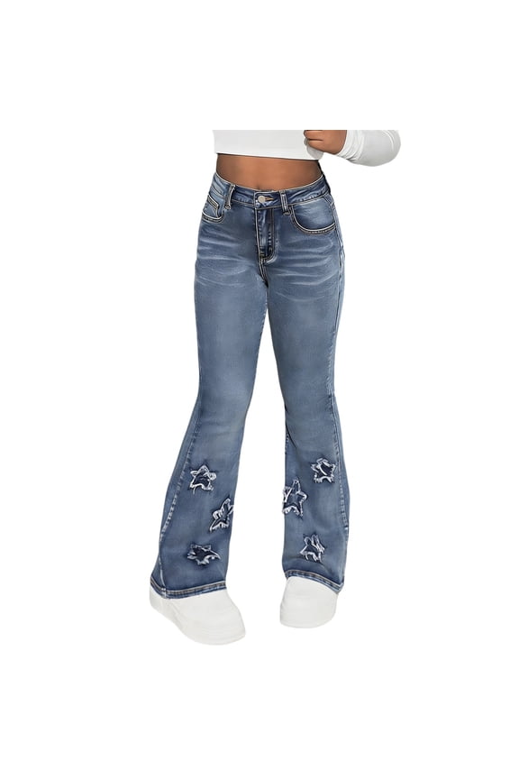 Girls Denim Bell Bottom Pants Solid Color Star Patch Slim Fit Fashionable Jeans Flared Pants Elastic High Waist Flared Trousers