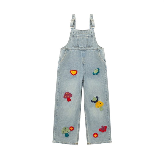 CPNG Girls Denim Overalls Kids Cute Embroidered Sleeveless Straight Wide Leg Casual Loose Jumpsuit Bib Overall with Adjustable Straps