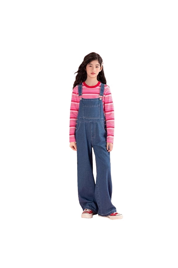 Girls Denim Overalls Solid Color Sleeveless Straight Wide Leg Casual Loose Jumpsuit Bib Overall with Adjustable Straps