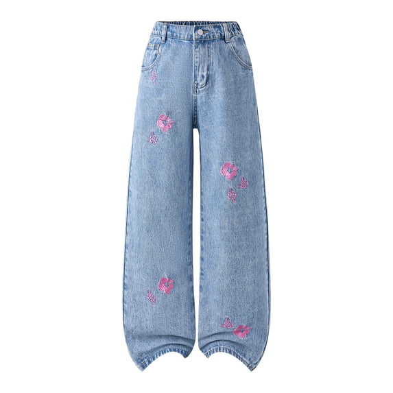 CPNG Girls Denim Pants Teen Girls Flower Embroidered Button Front Zipper Baggy Straight Wide Leg Casual Jeans