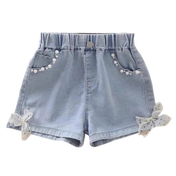 CPNG Girls Denim Shorts Elastic High Waisted Jeans Casual Shorts Bow Pearl Embellishments Summer Thin Fashion Jorts