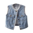 thumbnail image 1 of CPNG Girls Denim Vest Lace Trim Button Front Round Neck Sleeveless Cropped Jean Waistcoat Fashionable Casual Denim Vest Jacket, 1 of 5