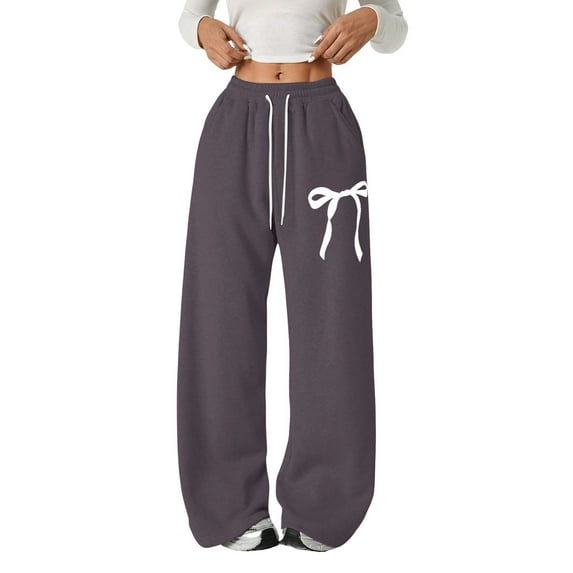 CPNG Girls Drawstring Straight Wide Leg Sweatpants Bow Print Sweat Pants Elastic High Waist Solid Color Baggy Joggers(Dark Gray,7-8 Years)