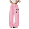thumbnail image 1 of CPNG Girls Drawstring Straight Wide Leg Sweatpants Bow Print Sweat Pants Elastic High Waist Solid Color Baggy Joggers(Pink,6-7 Years), 1 of 8