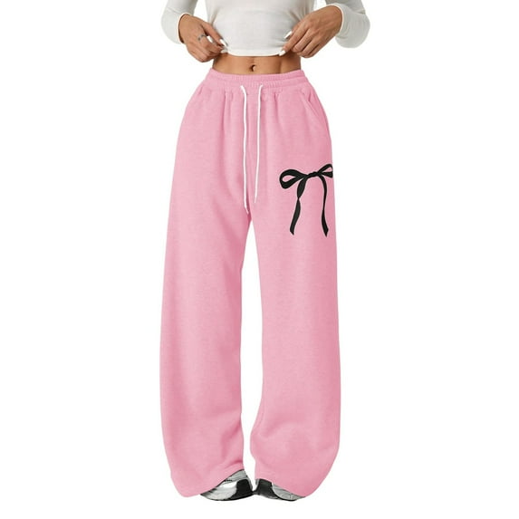CPNG Girls Drawstring Straight Wide Leg Sweatpants Bow Print Sweat Pants Elastic High Waist Solid Color Baggy Joggers(Pink,6-7 Years)