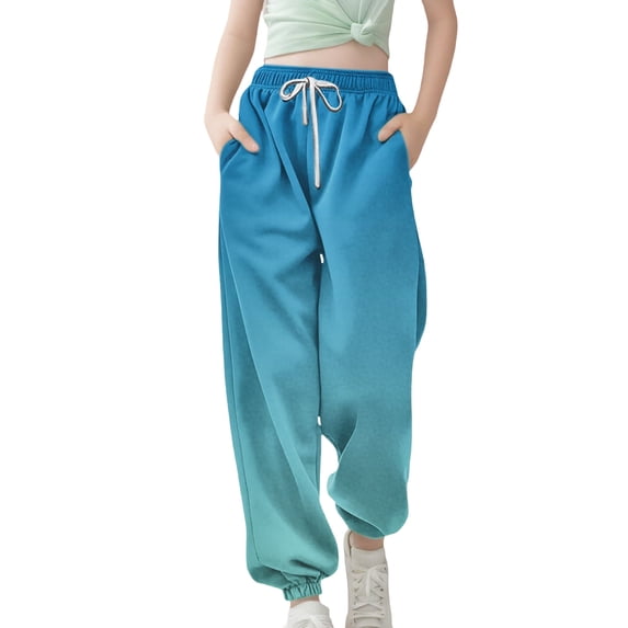 CPNG Girls Drawstring Sweatpants Gradient Color Loose Straight Wide Leg Sweat Pants Elastic High Waist Baggy Joggers