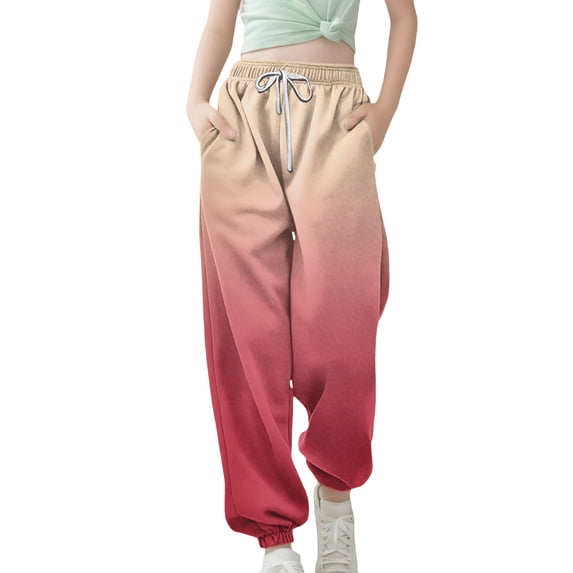 CPNG Girls Drawstring Sweatpants Gradient Color Loose Straight Wide Leg Sweat Pants Elastic High Waist Baggy Joggers