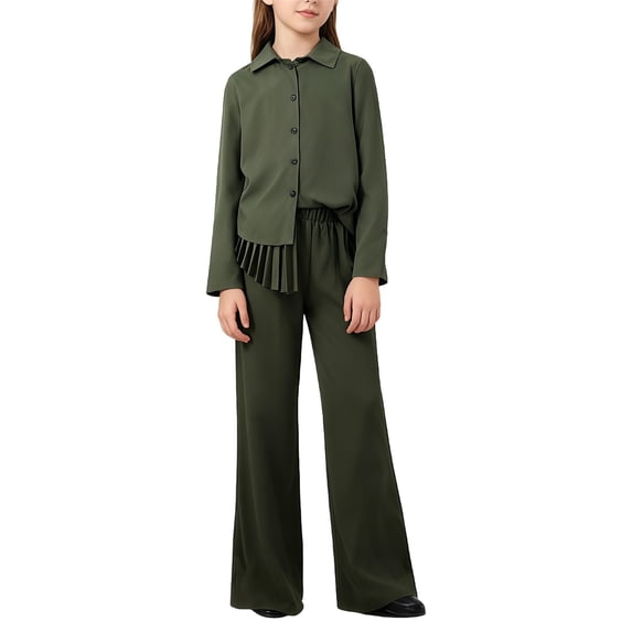CPNG Girls Fashionable Outfits 2 Pcs Set Back Pleated Long Sleeved Button Shirt and Casual Pants Solid Color Set(Green,10 Years)