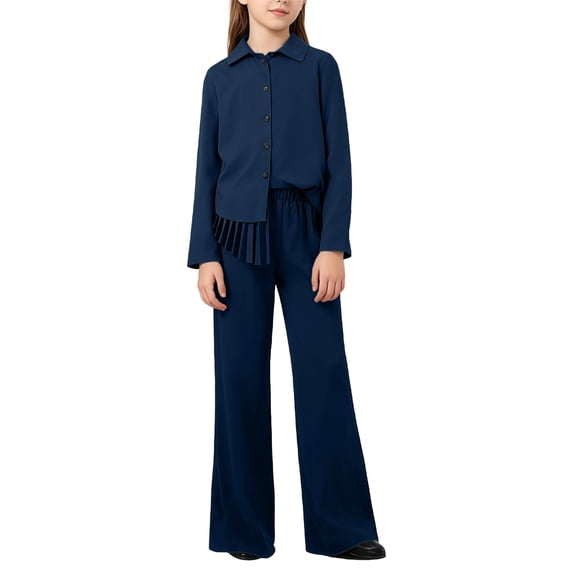 CPNG Girls Fashionable Outfits 2 Pcs Set Back Pleated Long Sleeved Button Shirt and Casual Pants Solid Color Set(Navy,8 Years)