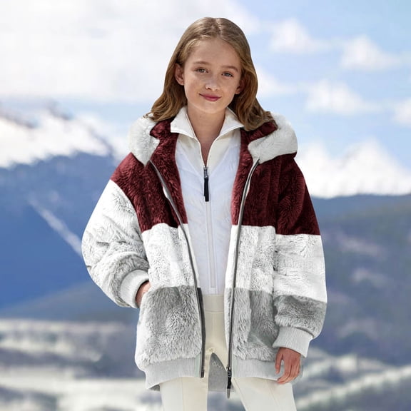 CPNG Girls Fuzzy Fleece Jacket Plus Size Faux Fur Coats Oversized Thick Color Block Zip Up Coats Patchwork Fluffy Sherpa Hoodie Zip up Casual Cardigan Warm Winter Outerwear