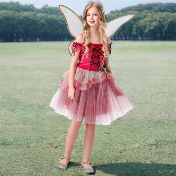 CPNG Girls Halloween Fairy Costume Classic Dress Sleeveless Lace A Line Tutu Tulle Princess Flower Dance Tutu Dress Includes Wings Kids Performance Clothes