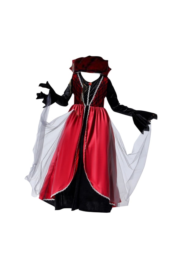 Girls Halloween Victorian Era Performance Velvet High Waist Clothes Long Sleeve Retro Medieval Tea Party Floor Length Tulle Dress Kids Cute Halloween Dress Up Outfits