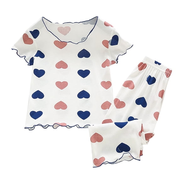 CPNG Girls Home Clothes Outfits Summer Ice Silk Thin Pajamas Cute Heart Print Short Sleeve T-Shirt and Shorts Set Kids 2Pcs Set(White,18-24 Months)