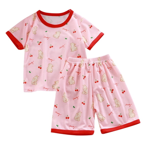 CPNG Girls Home Clothes Outfits Summer Thin Pajamas Cute Print Short Sleeve T-Shirt and Shorts Set Kids 2Pcs Set(Pink,18-24 Months)