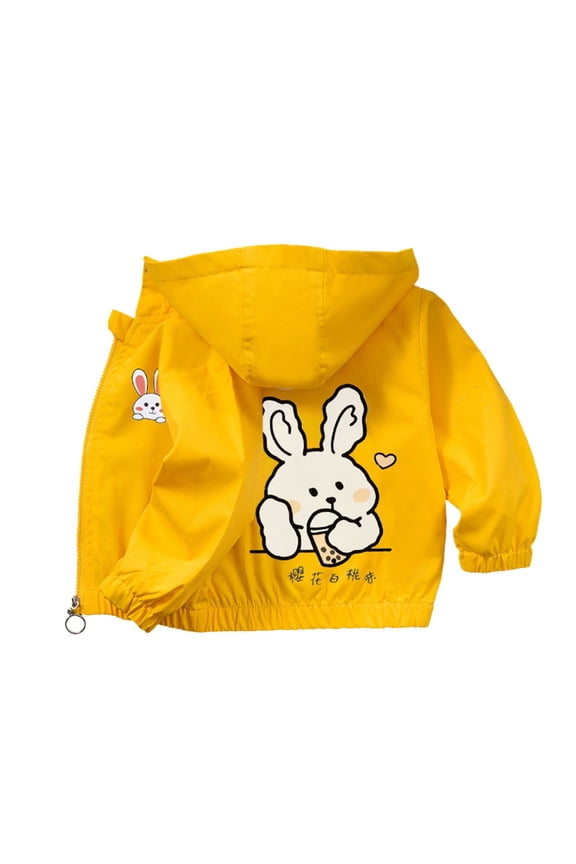 Girls Hooded Windbreaker Jacket Cute Bunny Print Windproof Rainproof Coat Spring Autumn and Winter Casual Outerwear