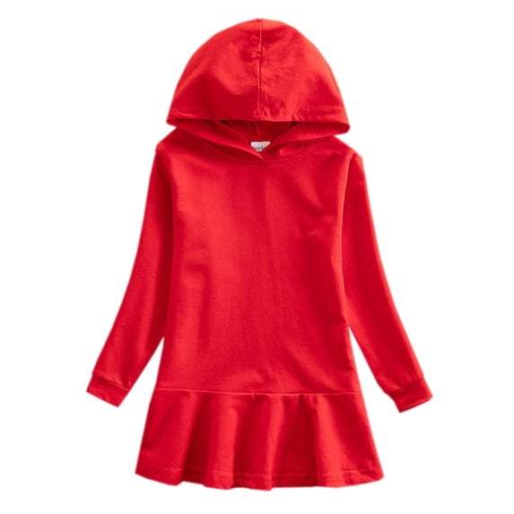 CPNG Girls Hoodie Dress Solid Color Long Sleeve Hooded Dress Stylish Daily Casual Hoodie Sweatshirt A-Line Dresses(Red,12-18 Months)