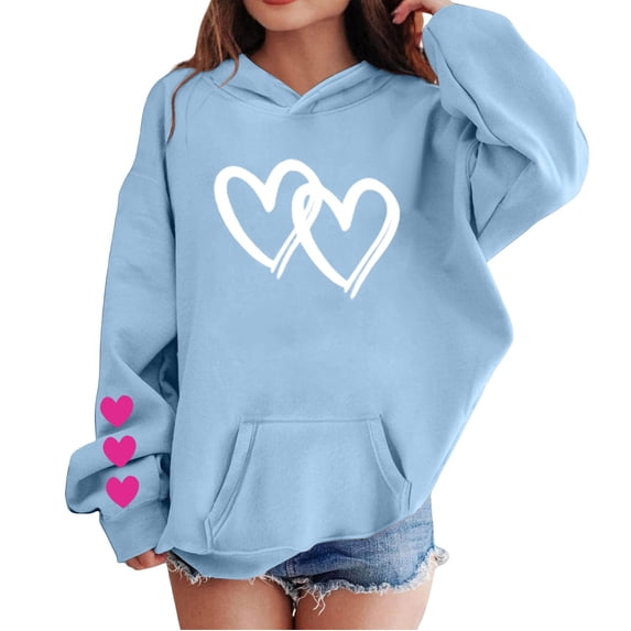 CPNG Girls Hoodies Tops Double Heart Print Long Sleeve Hooded Sweatshirts with Front Pocket Kids Loose Fit Daily Pullover Sweatshirt