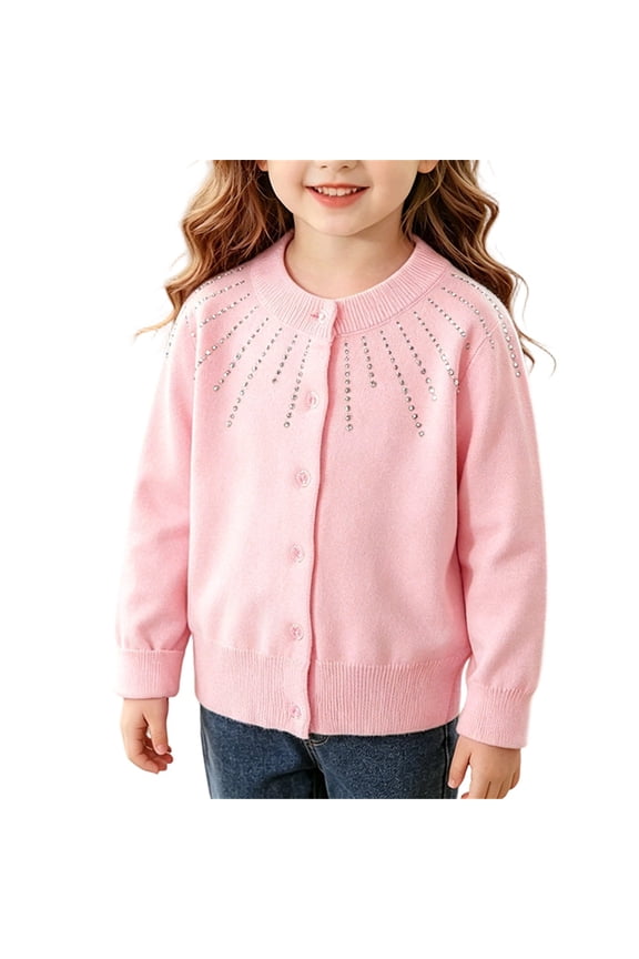 Girls Knit Cardigan Round Neck Button Down Open Front Long Sleeve Sweater Jacket Stylish Rhinestone Casual Cardigan Sweater