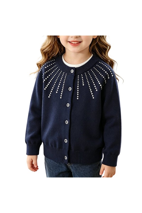 Girls Knit Cardigan Round Neck Button Down Open Front Long Sleeve Sweater Jacket Stylish Rhinestone Casual Cardigan Sweater