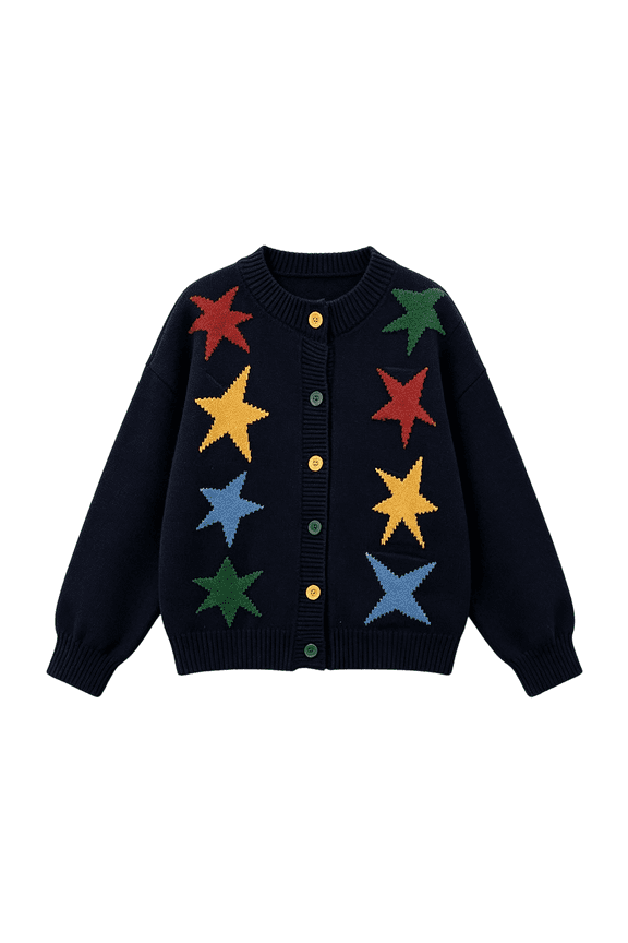 Girls Knitted Cardigan Coat Round Neck Button Down Long Sleeve Cardigan Sweater Colorful Star Embroidery Casual Sweater