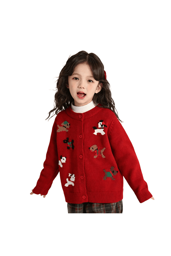 Girls Knitted Cardigan Coat Round Neck Button Down Long Sleeve Cardigan Sweater Cute Puppy Embroidery Casual Sweater