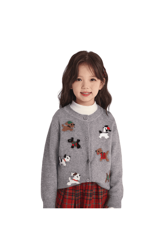 Girls Knitted Cardigan Coat Round Neck Button Down Long Sleeve Cardigan Sweater Cute Puppy Embroidery Casual Sweater
