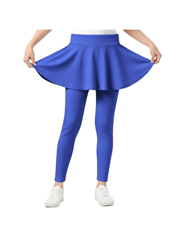 Girls Leggings with Skirt Kids Culottes Solid Color Elastic High Waisted Tennis Yoga Pants Girls Culottes(Blue,7-8 Years)