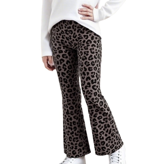CPNG Girls Leopard Print Flare Pants Elastic Waist Slim Fit Bell‑Bottom Trousers Casual Pants for Kids Daily Outdoor Wear