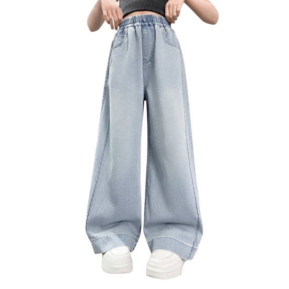 CPNG Girls Light Washed Jeans Elastic Waist Wide Leg Baggy Denim Pants Fashion Casual Loose Denim Trousers Streetwear