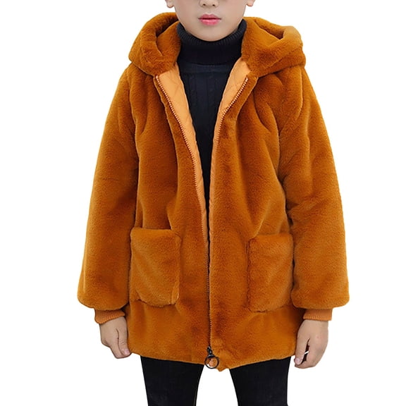 CPNG Girls Long Sleeve Plush Teddy Faux Fur Sherpa Jacket with Hood and Pockets Fleece Hooded Coat Kids Windproof Fall Winter Warm Soft Fuzzy Plush Outerwear