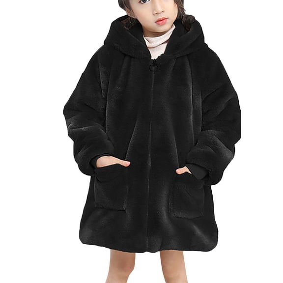 CPNG Girls Long Sleeve Plush Teddy Faux Fur Sherpa Jacket with Hood and Pockets Fleece Hooded Coat Kids Windproof Fall Winter Warm Soft Fuzzy Plush Outerwear