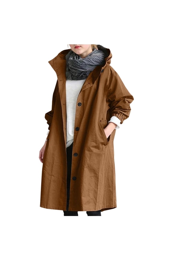 Girls Long Trench Coat Rain Jacket Single Breasted Hooded Overcoat Pockets Waterproof Rain Coats with Hood Lightweight Windbreaker Outdoor Raincoat