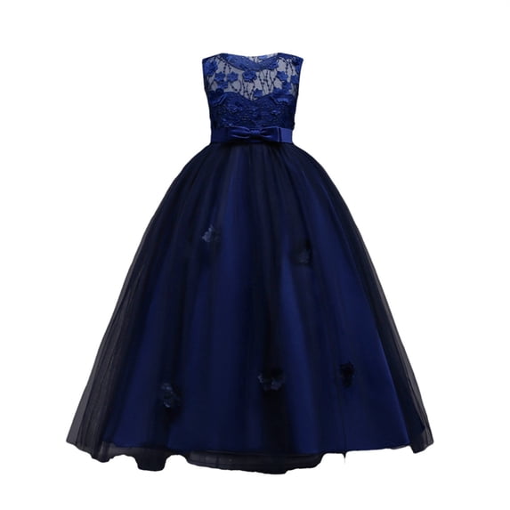 CPNG Girls Long Tulle Dress Solid Color Formal Gown Sleeveless Round Neck Elegant Cozy Bow Flower A Line Dress Princess Dresses(Navy,11-12 Years)