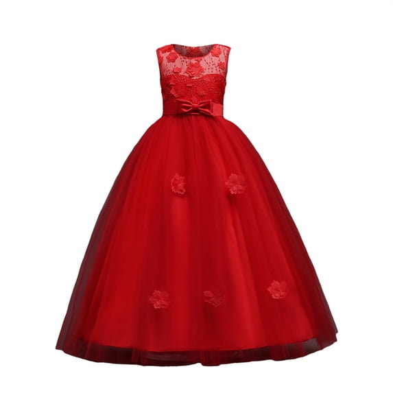 CPNG Girls Long Tulle Dress Solid Color Formal Gown Sleeveless Round Neck Elegant Cozy Bow Flower A Line Dress Princess Dresses(Red,9-10 Years)