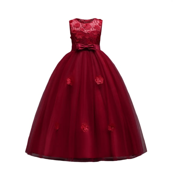 CPNG Girls Long Tulle Dress Solid Color Formal Gown Sleeveless Round Neck Elegant Cozy Bow Flower A Line Dress Princess Dresses(Wine,9-10 Years)