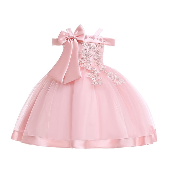 CPNG Girls' Luxe Off-the-Shoulder Flower Girl Dress – Oversized Satin Bow, Intricate Embroidery & Tulle Ball Gown Skirt with Satin Trim for Weddings & Special Occasions