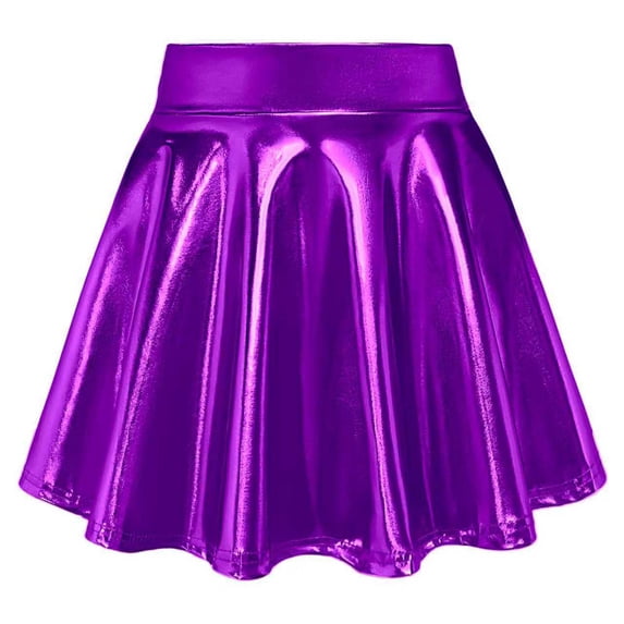 CPNG Girls Metallic Skater Skort Kids Elastic High Waisted Shiny Flared Pleated Dance Scooter Skort with Pocket(Purple,9-10 Years)