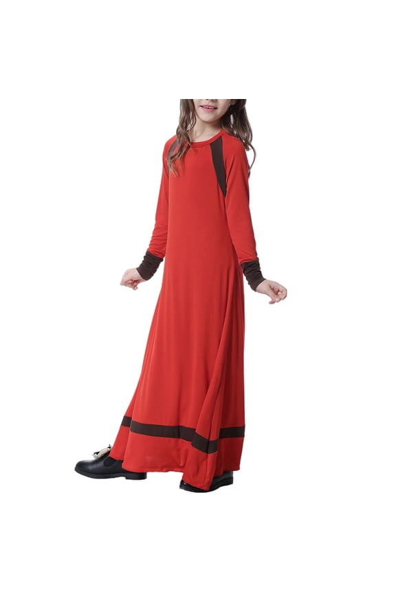 Girls' Muslim Maxi Dress - Long Sleeve Full-Length Gown with Contrast Panel Details, Ruched Cuffs & Hem Accents, Modest Comfortable Fit for Young Girls
