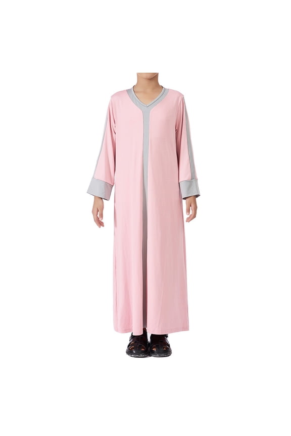 Girls' Muslim Modest Maxi Dress - 3/4 Sleeve Contrast-Trim Gown, Loose Comfortable Silhouette for Daily Wear & Religious Occasions