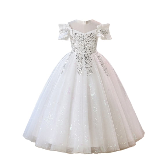 CPNG Girls' Off-the-Shoulder Sequin & Glitter Tulle Ball Gown Dress – Embellished Bodice, Ruffled Sleeves & Sparkly Floor-Length Skirt for Flower Girl, Wedding Pageant & Formal Events