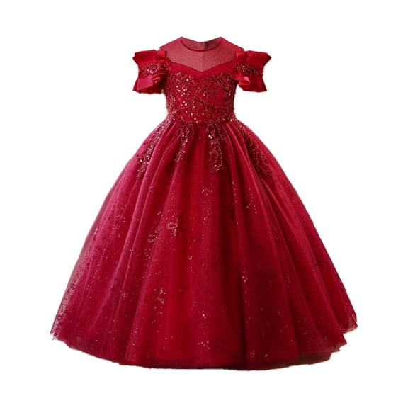 CPNG Girls' Off-the-Shoulder Sequin & Glitter Tulle Ball Gown Dress – Embellished Bodice, Ruffled Sleeves & Sparkly Floor-Length Skirt for Flower Girl, Wedding Pageant & Formal Events